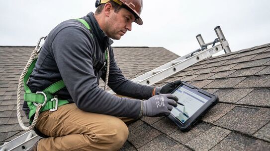 Roofing contractor inspecting a roof and preparing a quote on a tablet