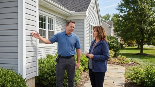 Local siding contractor showing a homeowner the new siding on their house
