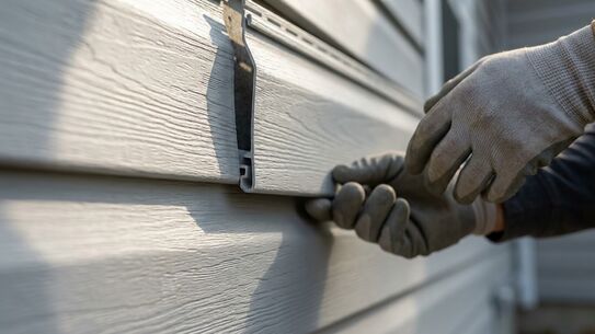 Gloved hands snapping a new vinyl siding panel into the course below