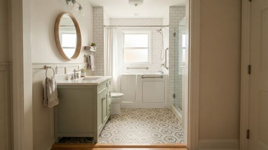 Remodeled bathroom with a patterned tile floor, a vanity and a walk-in tub