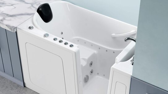 Walk-in tub with a sealed door panel, built-in seat and grab handle