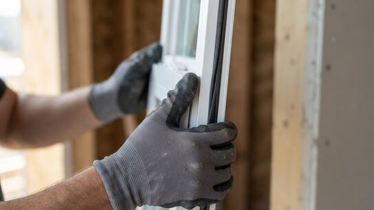 Gloved hands pressing a new window sash against its weatherstripping seal