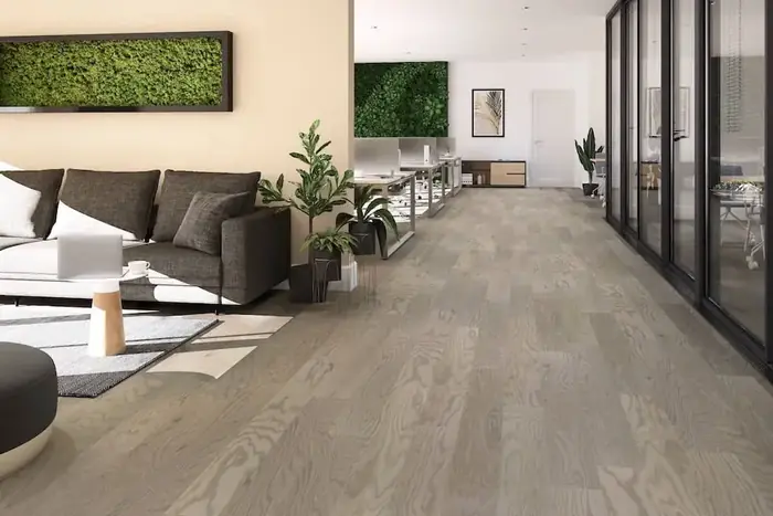 Living room with newly installed hardwood flooring